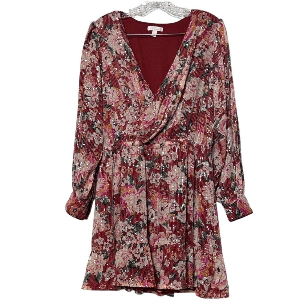 LC Lauren Conrad Floral Long‎ Sleeve Dress in Red and Pink size large sequins